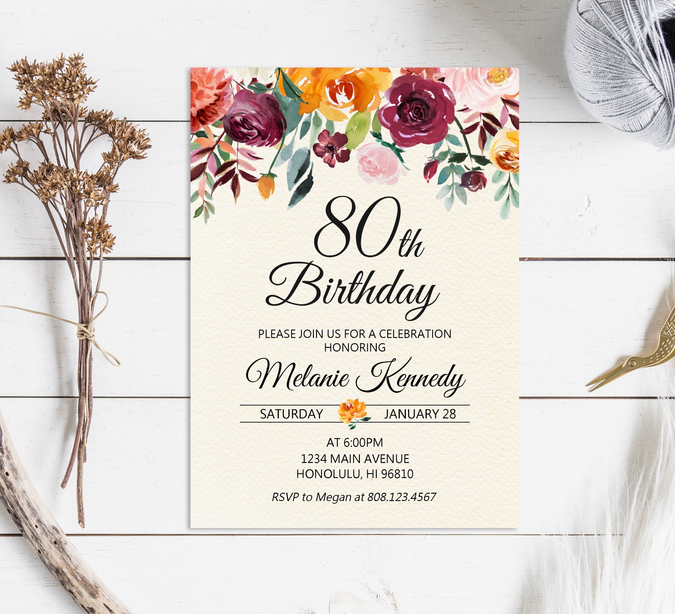 ANY AGE 80th Birthday Invitation Fall Autumn Floral Burnt - Etsy