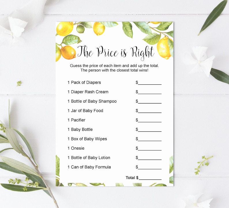 The Price is Right Game Lemon Baby Shower Game Citrus Lemon Theme Gender Neutral Baby Shower Printable Game NOT Editable C5 image 1