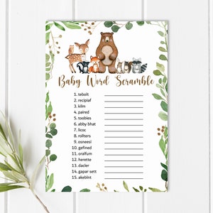 May include: A printable baby shower game with a woodland theme. The game is called "Baby Word Scramble" and features a list of 15 words that need to be unscrambled. The words are related to babies and include words like "tebolt", "recipiaf", "kilm", "paired", "toobies", "abby bhat", "licoc", "rollters", "osneesi", "gefined", "oralfum", "herette", "dacler", "gapar sett", and "akeblnt". The game is decorated with watercolor illustrations of woodland animals, including a bear, a deer, a fox, a raccoon, a squirrel, and an owl.