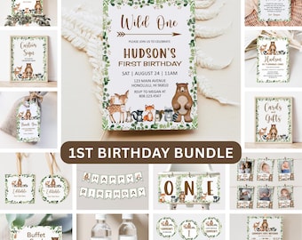 Bearbeitbares Waldtier Erste Geburtstagseinladung Wild One 1st Birthday Party einladen, Digitaler Download Corjl 0120