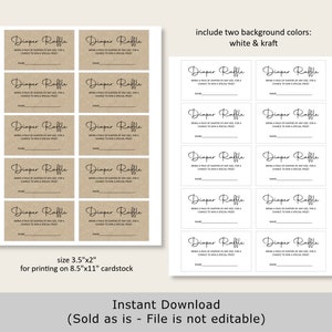 Puede incluir: Tickets de rifa de pa&ntilde;ales imprimibles con el texto "Diaper Raffle" en una fuente manuscrita. Los tickets est&aacute;n dise&ntilde;ados para imprimirse en cartulina de 8,5 x 11 pulgadas y cortarse a 3,5 x 2 pulgadas. El texto en los tickets indica a los invitados que traigan un paquete de pa&ntilde;ales de cualquier tama&ntilde;o para tener la oportunidad de ganar un premio especial. La imagen incluye dos opciones de color de fondo: blanco y kraft.