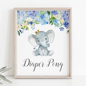 Elephant Diaper Pong Game Boy Elephant Baby Shower Sign Little Peanut Baby Shower Game Printable Blue Floral Elephant NOT Editable C77