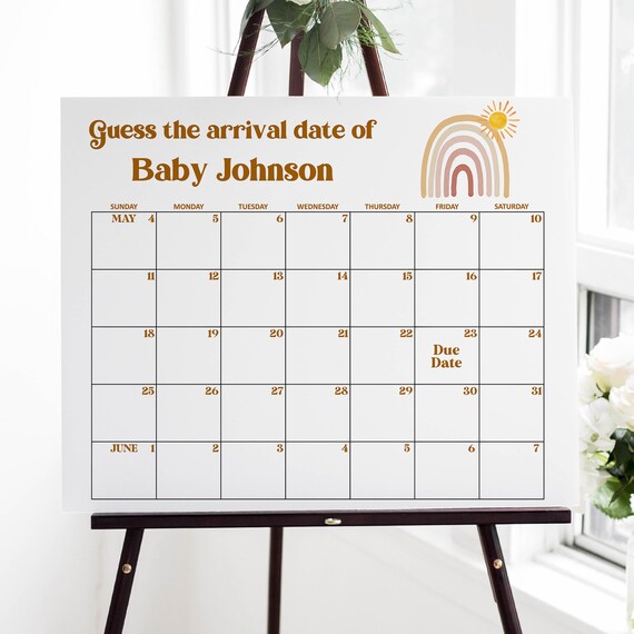 Editable Baby Due Date Calendar Sign Sunshine Rainbow Baby Shower Game Guess Baby's Birthday Game Printable Corjl 0118