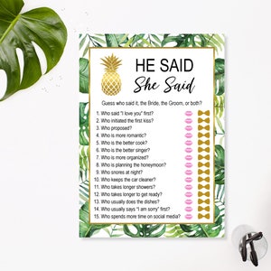 He said She said Game Tropical Bridal Shower Game Hawaiian Luau Bridal Shower Game Guess Who Said It Bride or Groom NOT Editable B82