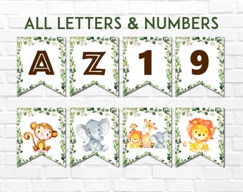 Pancarta imprimible de jungla, pancarta de safari, fiesta de animales, baby shower, decoraciones de cumpleaños salvajes, alfabeto A-Z, números 0128