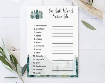 Bridal Word Scramble Game Bridal Shower Game Printable Adventure Mountains Greenery Forest Trees Wedding Shower Game NOT Editable B96