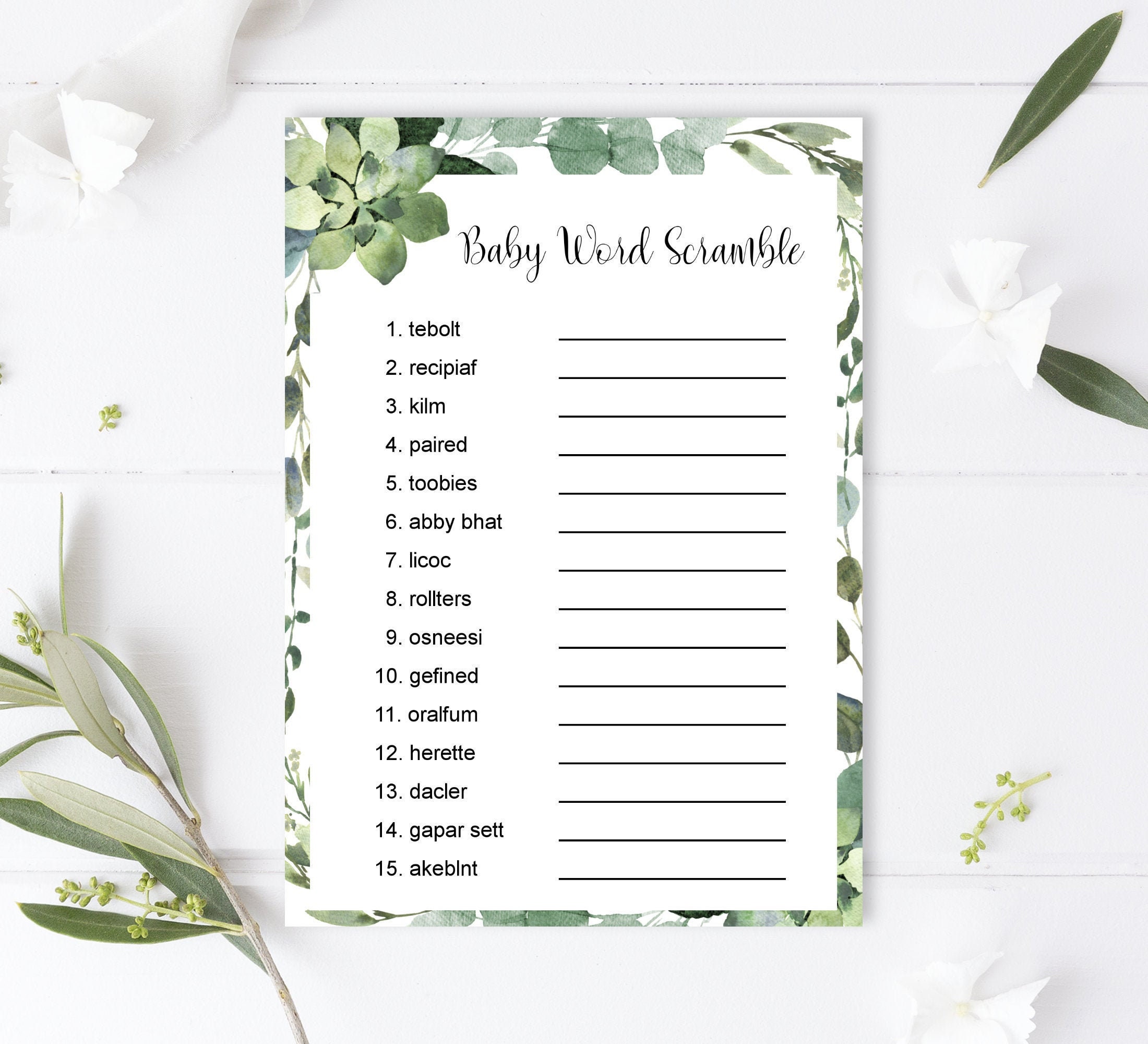 Baby Word Scramble With Answers Succulent Greenery Baby Shower Etsy