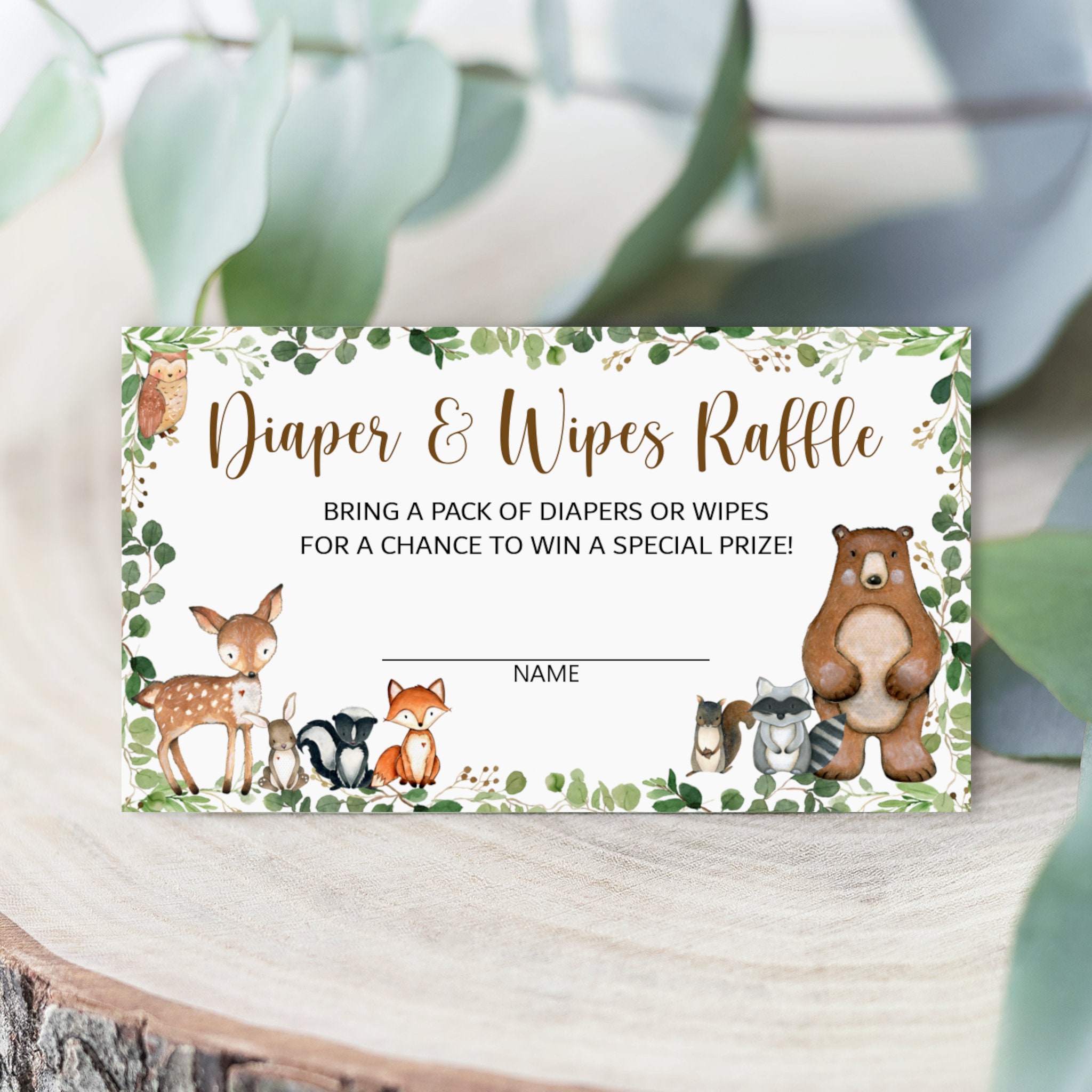 Wipes Raffle Diaper and Wipes Raffle Tickets and Sign Woodland Baby Shower Game ...