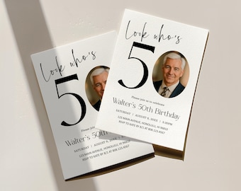 Editable Look Whos 50 Birthday Invitation with Photo, Modern 50th Birthday Invite Template, Mens Milestone Birthday Invite, Corjl 0151