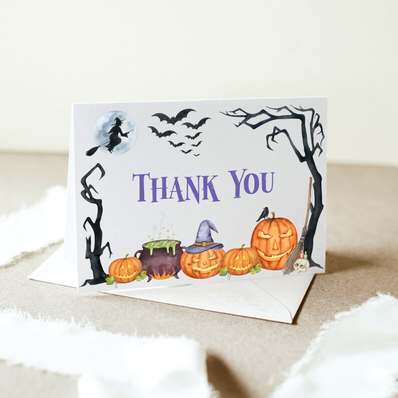 Halloween Thank You Cards Halloween Baby Shower Spooky Pumpkins Witch Bridal Shower Thank You Notecard Printable NOT Editable A9 C9 image 1