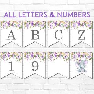 Elephant Printable Banner Alphabet A-Z & Numbers Birthday Baby Shower Purple Lavender Violet Floral Banner NOT Editable A79 C67