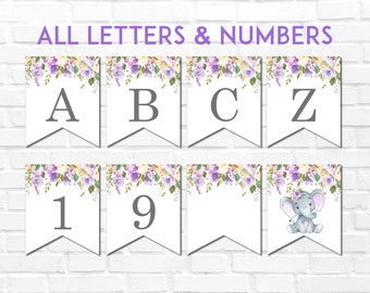 Elephant Printable Banner Alphabet A-Z & Numbers Birthday Baby Shower Purple Lavender Violet Floral Banner  A79 C67