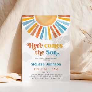 Editable Here Comes the Son Baby Shower Invitation, Boy Boho Sunshine Baby Shower Invite Printable Template, Corjl 0160 image 13