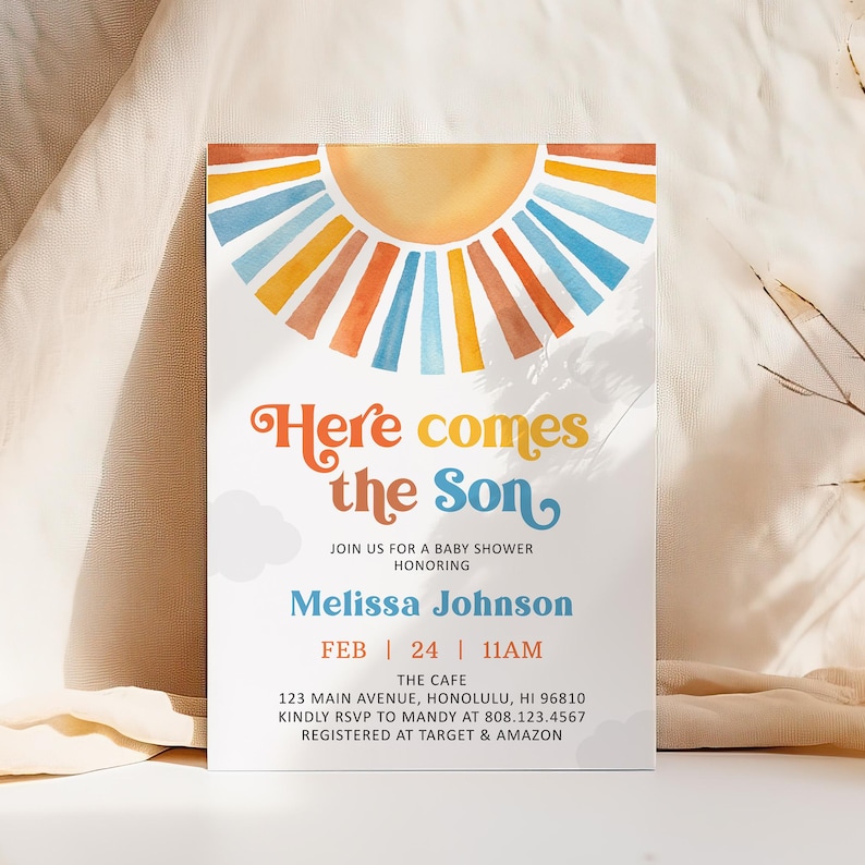 Editable Here Comes the Son Baby Shower Invitation, Boy Boho Sunshine Baby Shower Invite Printable Template, Corjl 0160 image 13