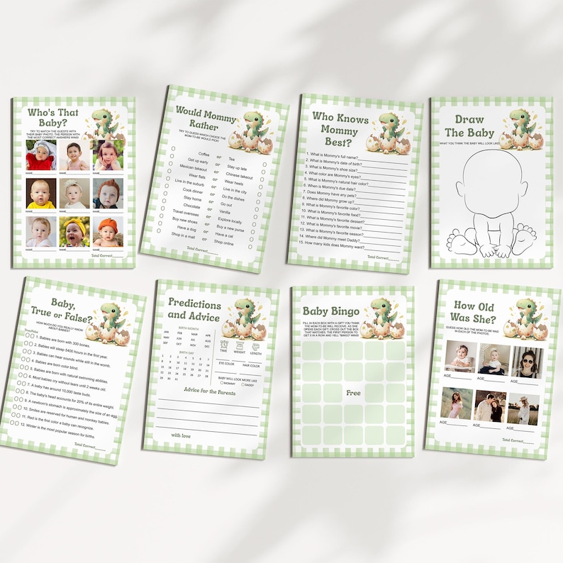 May include: A collection of eight baby shower game cards with a green and white gingham pattern. The cards feature games like "Who's That Baby?" and "Baby Bingo," decorated with dinosaur and egg illustrations. Ideal for a baby shower.