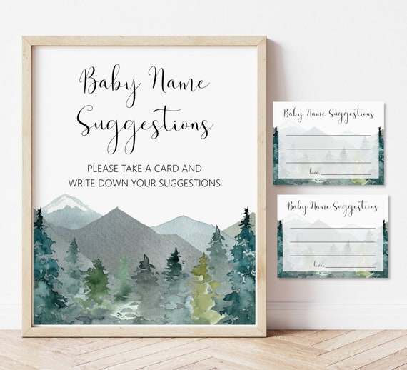 Baby Name Suggestions Cards Adventure Awaits Baby Shower Mountains