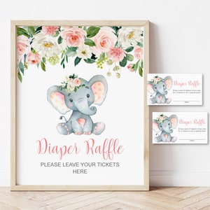 Elefant-Windel-Gewinnspiel-Babyparty-Spiel Printable Blush Pink & Grau-Mädchen-Blumen-Windel-Verlosungstickets und Zeichen NICHT bearbeitbar 0121