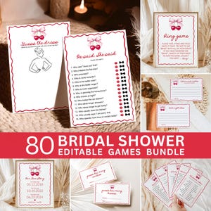 May include: A selection of bridal shower games featuring a cherry motif. The set includes games such as "Guess the Dress" and "He Said, She Said," plus a "Ring Game." The text "80 Bridal Shower Editable Games Bundle" is also visible.