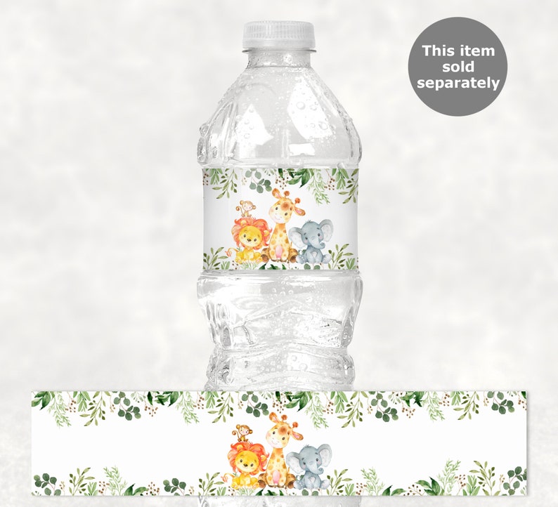 May include: Water bottle label with a jungle theme. The label features a lion, giraffe, and elephant with green foliage around them. The label is white with a green border.