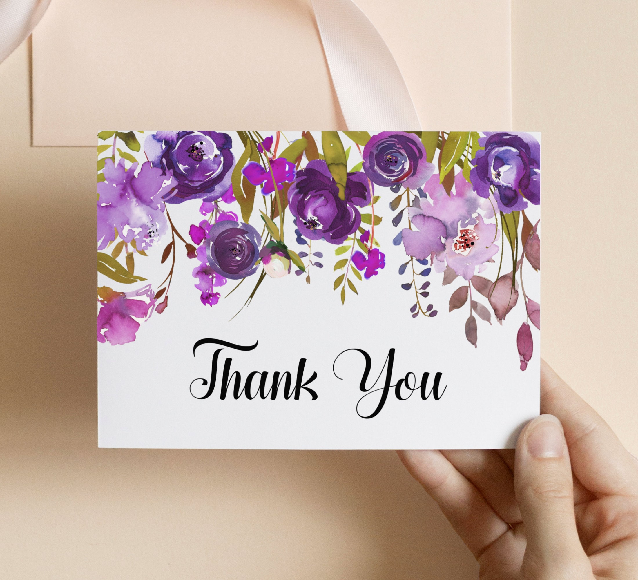 Thank You Card Template Purple Thank You Card Floral Thank You Etsy