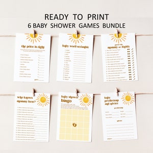 K&ouml;nnte beinhalten: Ein Satz von sechs druckbaren Babyparty-Spielkarten mit einem gelben Sonnendesign. Die Spiele beinhalten "Der Preis ist richtig", "Baby-Wortsalat", "Mama oder Papa", "Wer kennt Mama am besten", "Babyparty-Bingo" und "Baby-Vorhersagen und Ratschl&auml;ge".