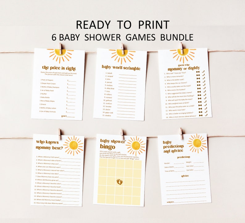 K&ouml;nnte beinhalten: Ein Satz von sechs druckbaren Babyparty-Spielkarten mit einem gelben Sonnendesign. Die Spiele beinhalten "Der Preis ist richtig", "Baby-Wortsalat", "Mama oder Papa", "Wer kennt Mama am besten", "Babyparty-Bingo" und "Baby-Vorhersagen und Ratschl&auml;ge".