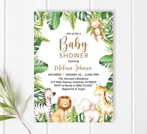 Jungle Baby Shower Invitation Safari Baby Shower Invite Jungle Animals Safari Animals Tropical Leaves Personalized Printable Invitation C94 Il_570xn