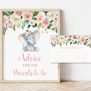 Elephant Baby Shower Advice Cards Advice for Parents to be Blush Pink Floral NOT Editable 0121