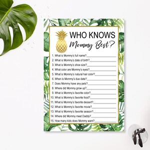 K&ouml;nnte beinhalten: Ein druckbares Babyparty-Spiel mit tropischem Thema. Das Spiel hei&szlig;t "Wer kennt Mama am besten?" und hat 15 Fragen &uuml;ber die werdende Mutter.
