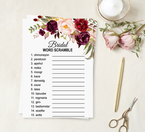 Bridal Word Scramble Burgundy Bridal Shower Game Printable Bridal ...