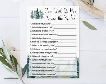How Well Do You Know The Bride Game Bridal Shower Game Printable Adventure Mountains Greenery Forest Trees  NOT Editable B96