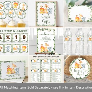 May include: A set of printable baby shower decorations featuring a jungle theme with a lion, elephant, and monkey. The set includes a welcome sign, cards and gifts sign, water bottle labels, cupcake toppers, a thank you card, and a game bundle.