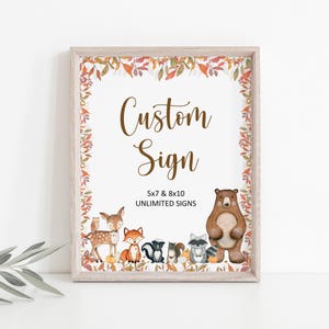 Editable Woodland Animals Custom Sign Woodland Baby Shower Sign Fall Baby Shower Table Sign Printable Corjl 0130