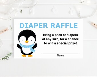 Printable Winter Wonderland Theme Baby Shower Diaper Raffle Ticket Editable Insert Card P01 Instant Download Blue Penguin Template Card