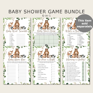 May include: A set of six printable baby shower games featuring a woodland theme with a brown bear and other forest animals. The games include Baby Word Scramble, Baby Shower Bingo, What's in Your Purse, Baby Name Race, The Price is Right, and Mommy or Daddy?