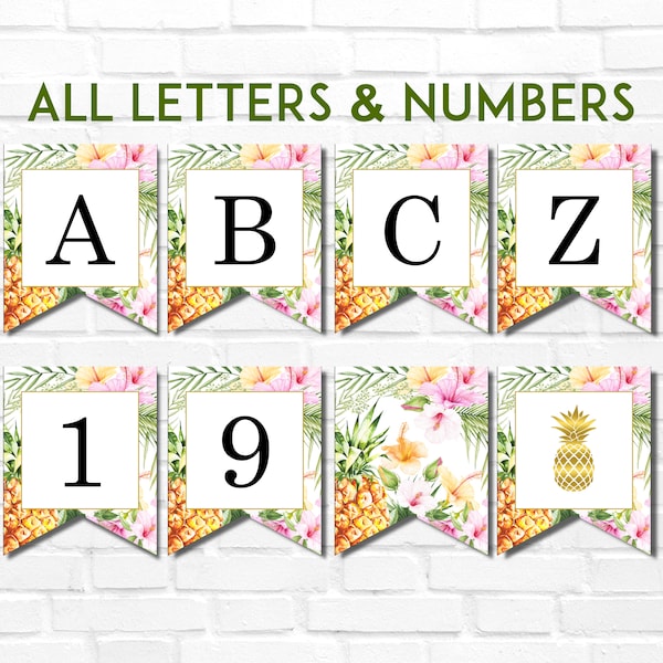 Printable Banner Alphabet A-Z & Numbers Luau Hawaiian Tropical Bridal Shower Baby Shower Birthday Decorations NOT Editable A76 B74 C74