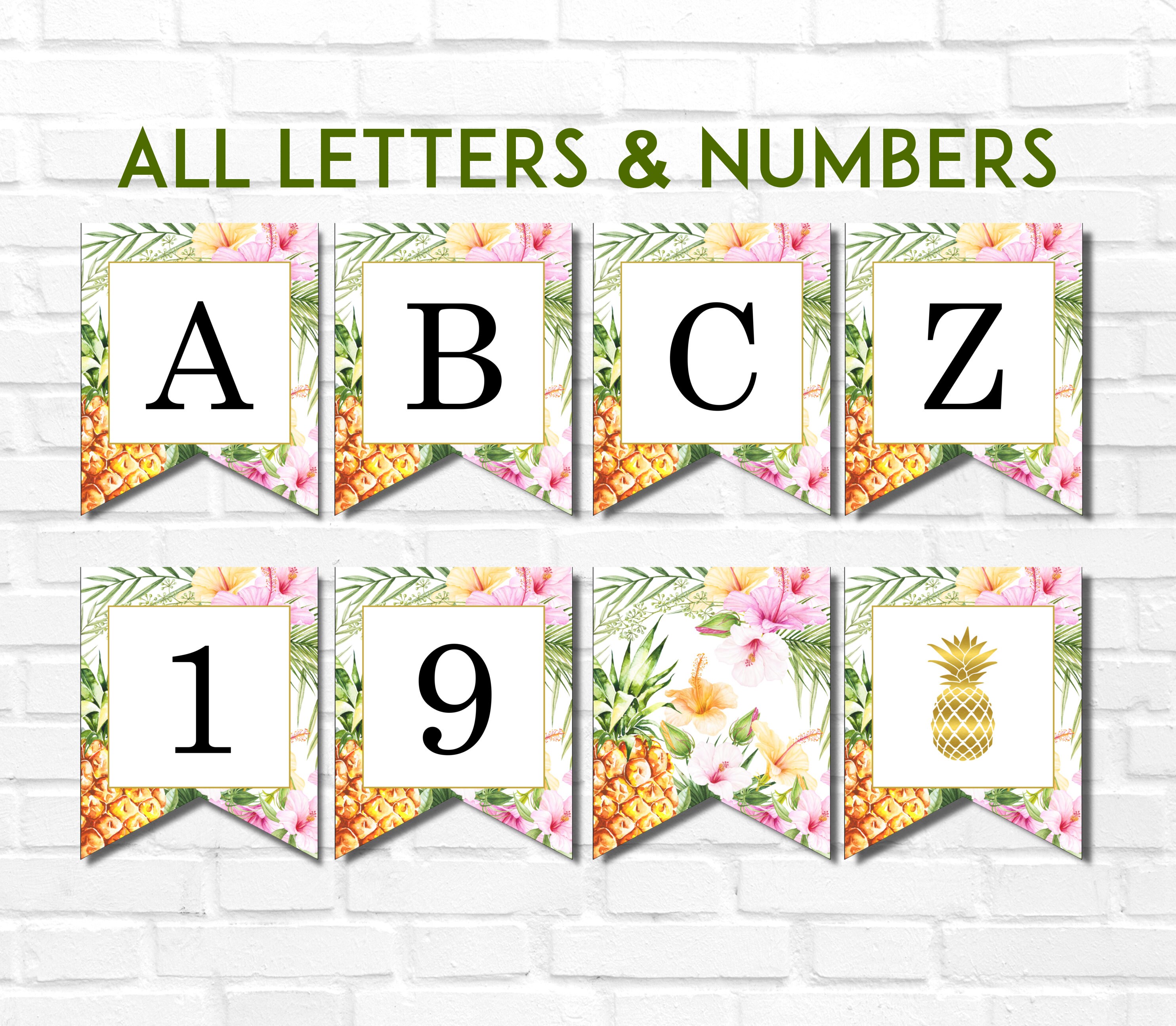 printable banner alphabet a z numbers luau hawaiian tropical etsy