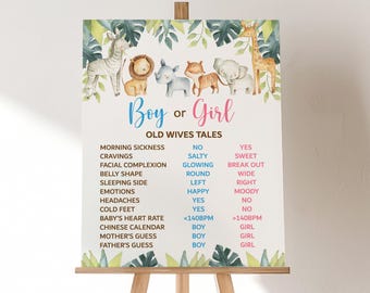 Signe de contes de vieilles femmes dans la jungle pour baby shower, signe de fête de révélation du sexe, animaux de la jungle imprimables Animaux du zoo Safari non modifiables 0129