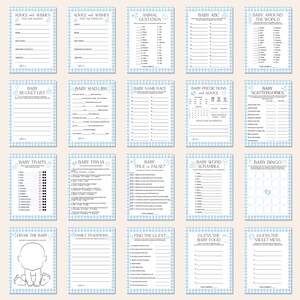 May include: A collection of baby shower game cards with a blue gingham border. The cards feature various games like "Baby Bingo," "Baby Trivia," and "Guess the Baby Food." Each card has a white background with blue text and decorative elements.