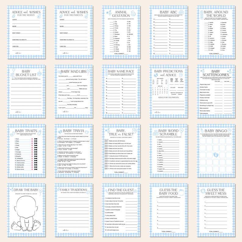 May include: A collection of baby shower game cards with a blue gingham border. The cards feature various games like "Baby Bingo," "Baby Trivia," and "Guess the Baby Food." Each card has a white background with blue text and decorative elements.