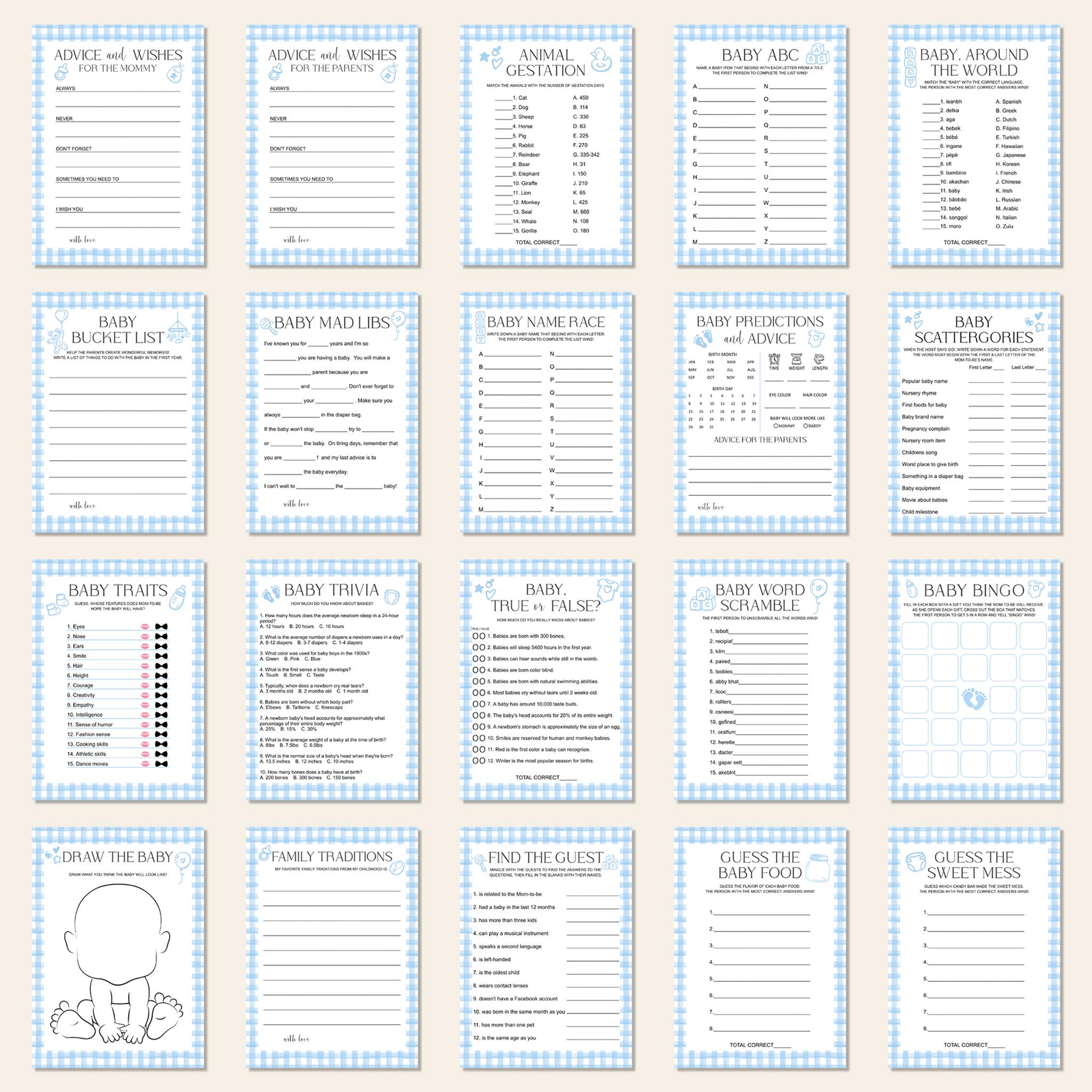 Editable Boy Baby Shower Games, Blue Gingham Baby Game Bundle Printable ...