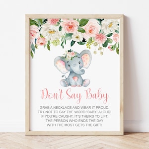Gioco per baby shower con collana "Don't Say Baby" a tema elefante, gioco per baby shower con motivo floreale rosa cipria, stampabile, NON modificabile 0121