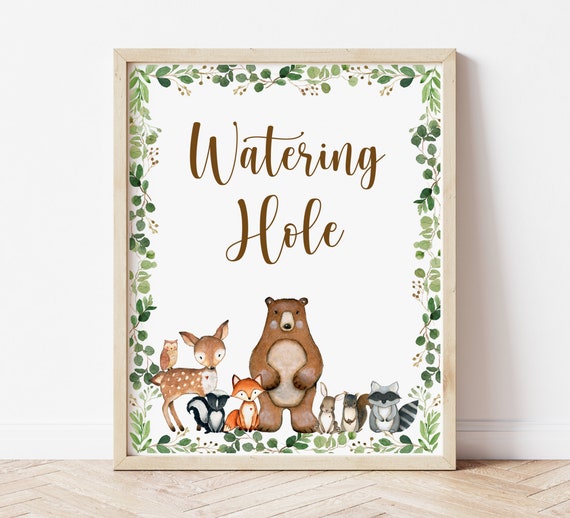 Watering Hole Sign Woodland Animals Greenery Woodland Birthday Forest Baby Shower Decor Drink ...