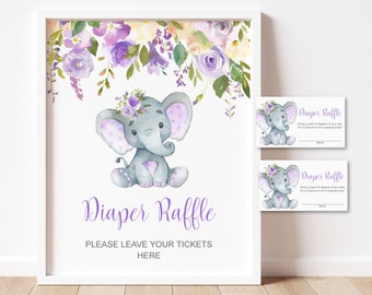 Elephant Diaper Raffle Tickets & Sign Elephant Baby Shower Game Pastel Purple Floral Diaper Raffle Cards Printable NOT Editable C67