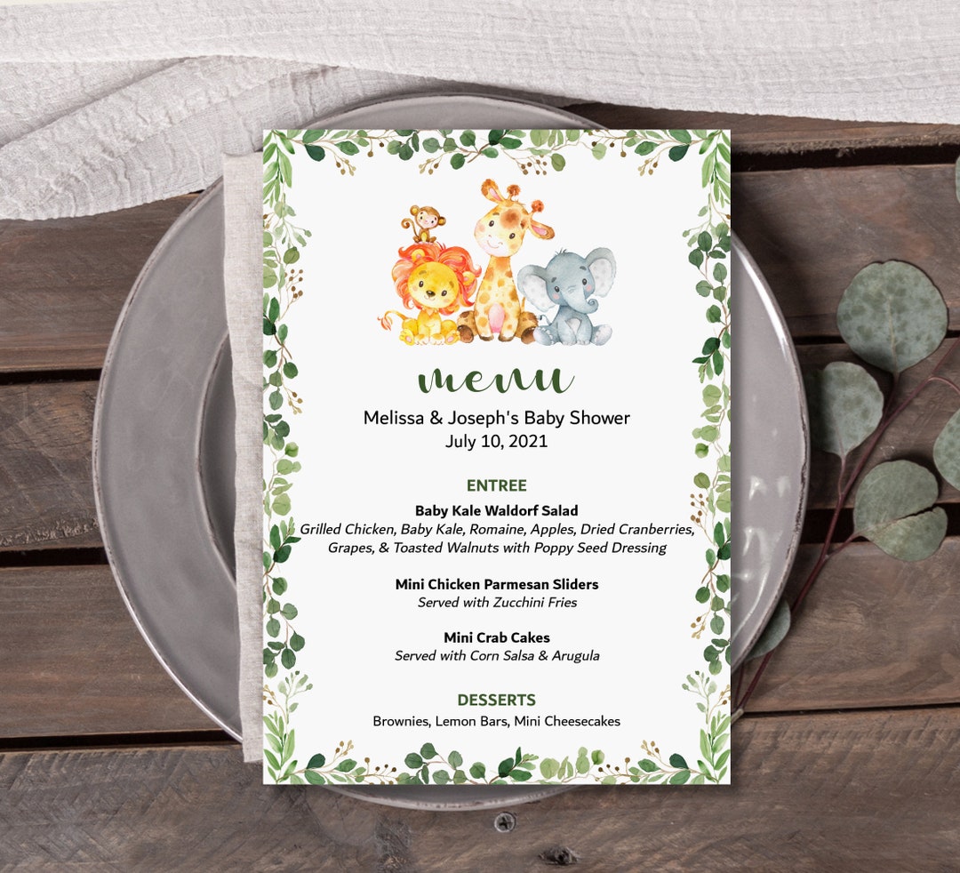 Jungle Safari Menu Printable Menu Cards Menu Sign Jungle Baby Etsy