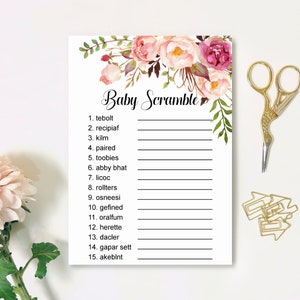 Op de afbeelding: Een printbaar babyshower-spel met een bloemenontwerp. Het spel heet "Baby Scramble" en bevat een lijst van 15 babygerelateerde woorden die door elkaar zijn gehusseld. Spelers moeten de woorden ontwarren om te winnen.