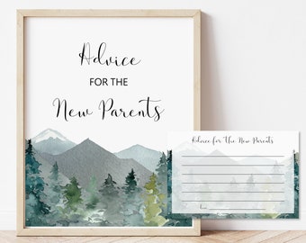 Baby Shower Advice Cards Advice for New Parents Winter Woodland Mountains Trees Adventure Baby Shower Advice NOT Editable C90