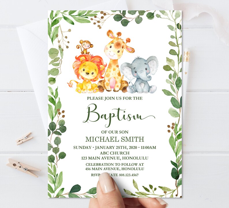 Baptism Invitation Jungle Animal Safari Baptism Invitation Etsy