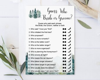 Guess Who Bride or Groom He said She said Adventure Mountains Bridal Shower Game Printable Greenery Forest Trees NOT Editable B96