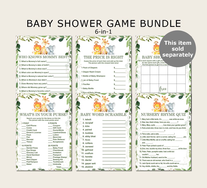 May include: A set of six printable baby shower game cards featuring a jungle animal theme with a lion, giraffe, and elephant. The games include "Who Knows Mommy Best?", "The Price is Right", "Baby Shower Bingo", "What's in Your Purse?", "Baby Word Scramble", and "Nursery Rhyme Quiz".